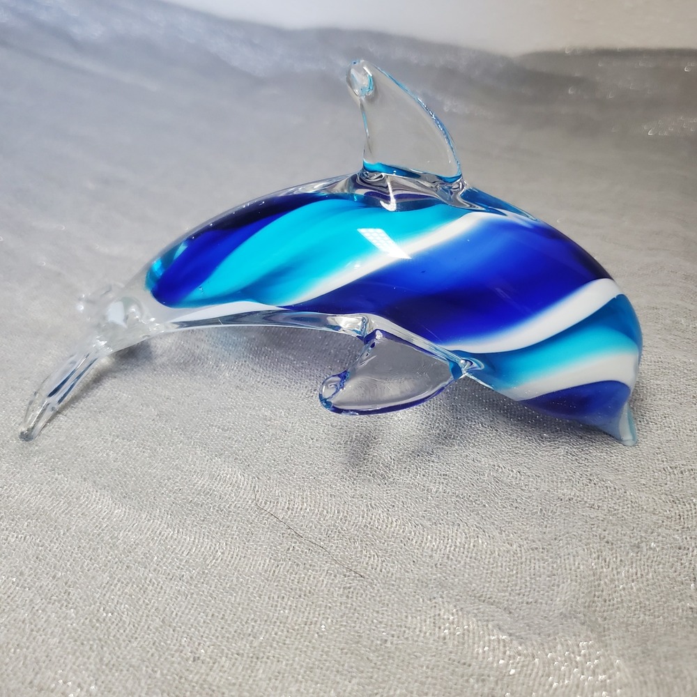 Blue Swirl Art‎ Glass Dolphin Figurine Hand Blown Coastal Nautical Decor